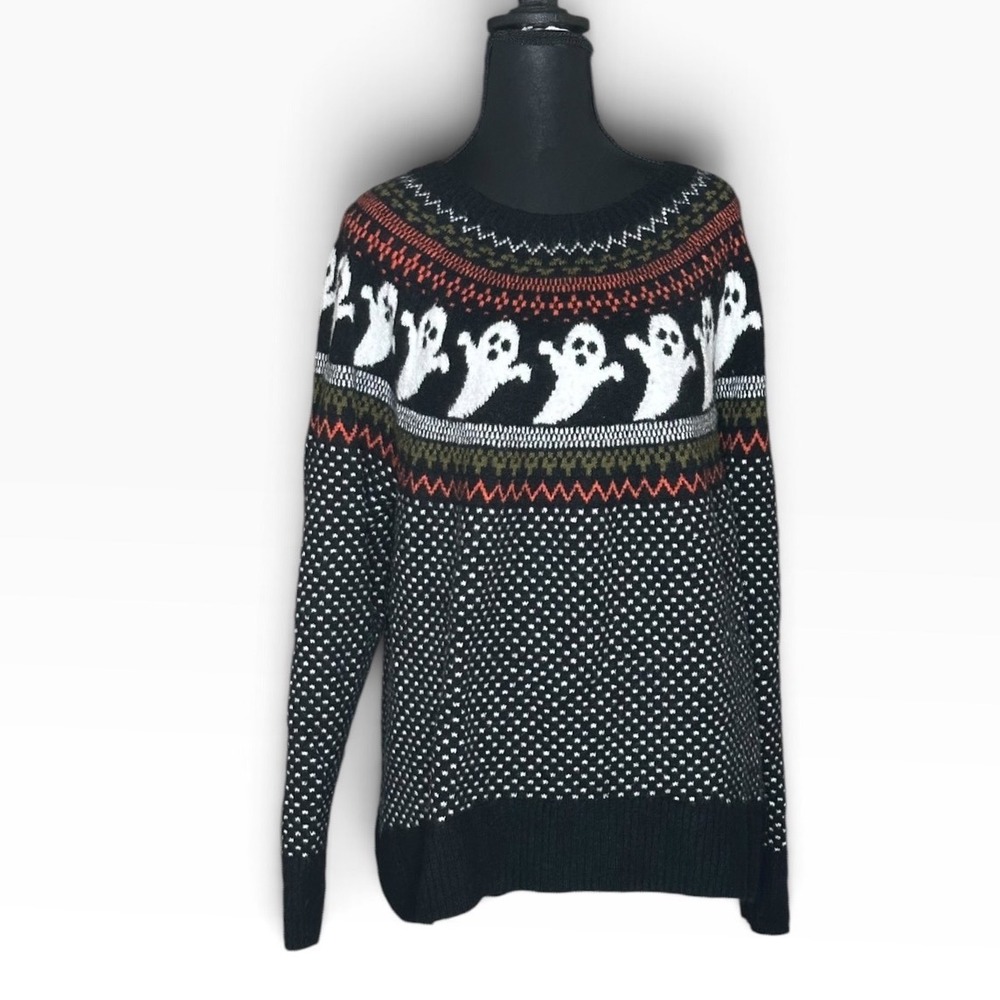 Vince Camuto Womens Halloween Ghost Knit Sweater Black XL Polka Dots